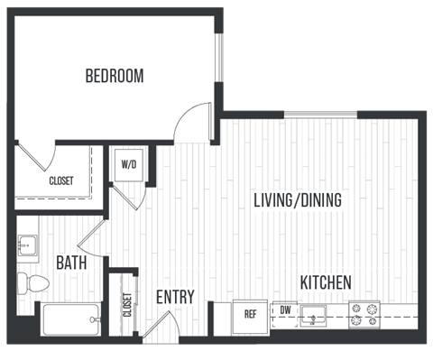 Floor plan 1E. One bedroom, one bath at Sixth & Jackson Apartments in Japantown, San Jose.